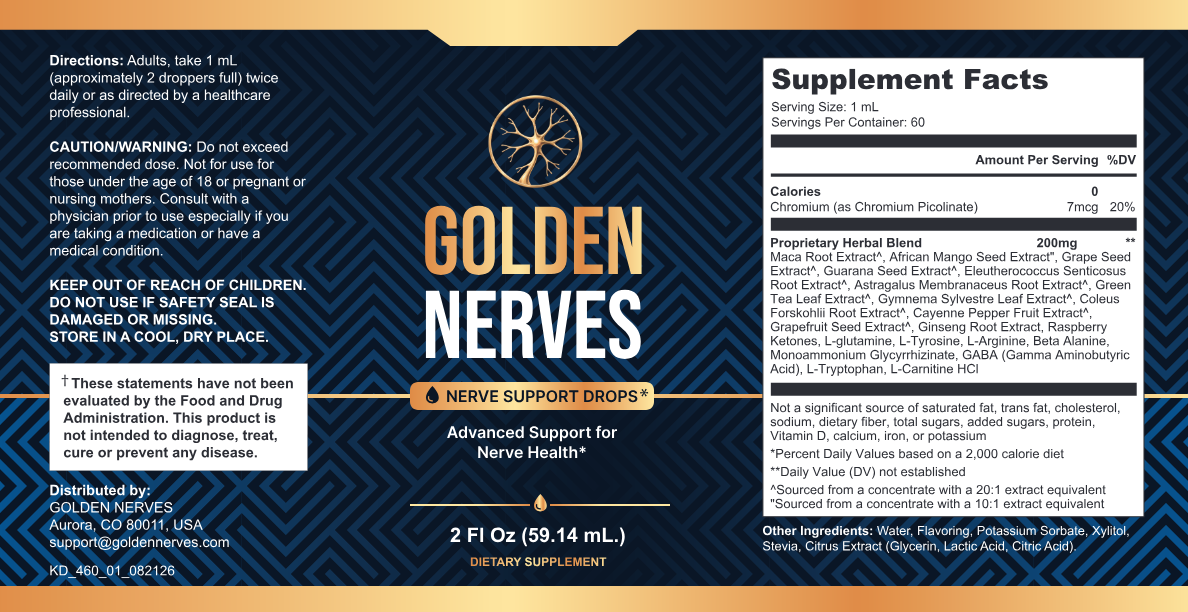 Golden Nerves — full product label including ingredients, Supplement Facts and manufacturer information