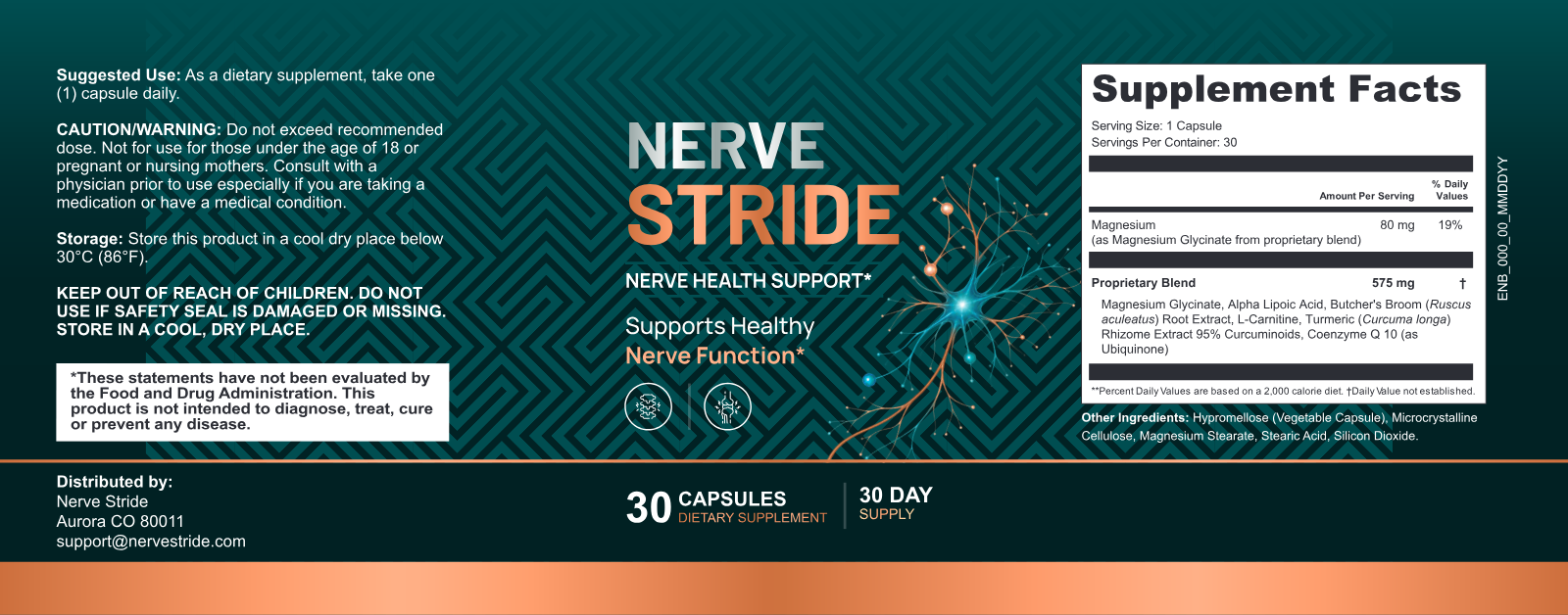 Nerve Stride — full product label including ingredients, Supplement Facts and manufacturer information