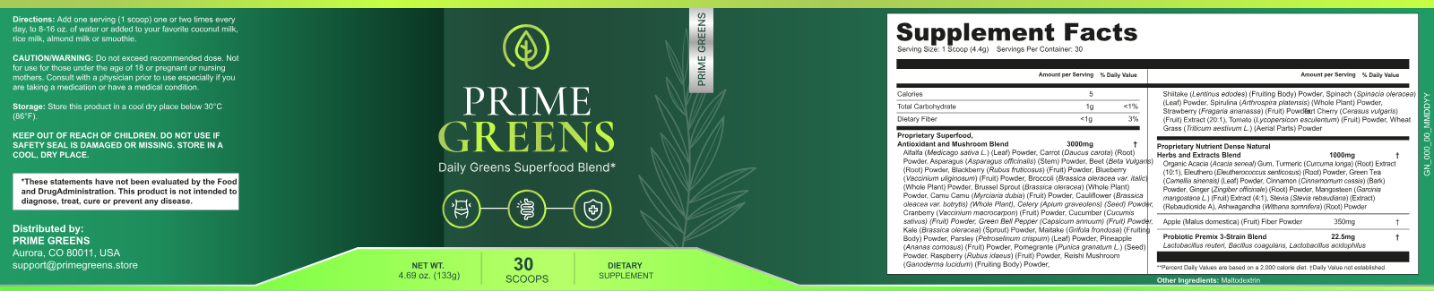Prime Greens — full product label including ingredients, Supplement Facts and manufacturer information