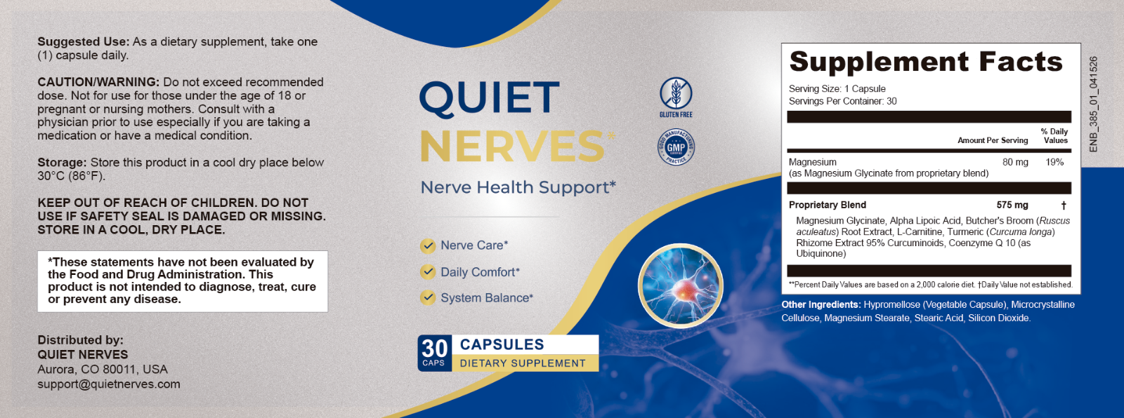 Quiet Nerves — full product label including ingredients, Supplement Facts and manufacturer information