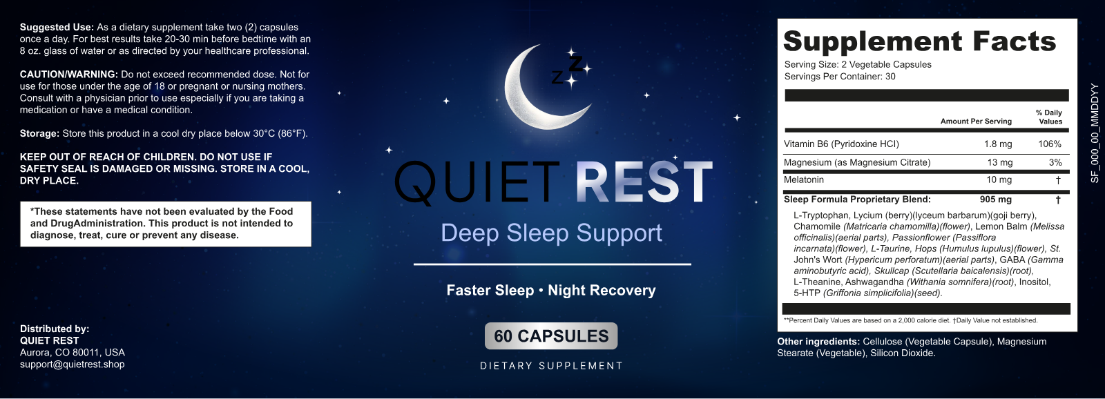 QuietRest — full product label including ingredients, Supplement Facts and manufacturer information